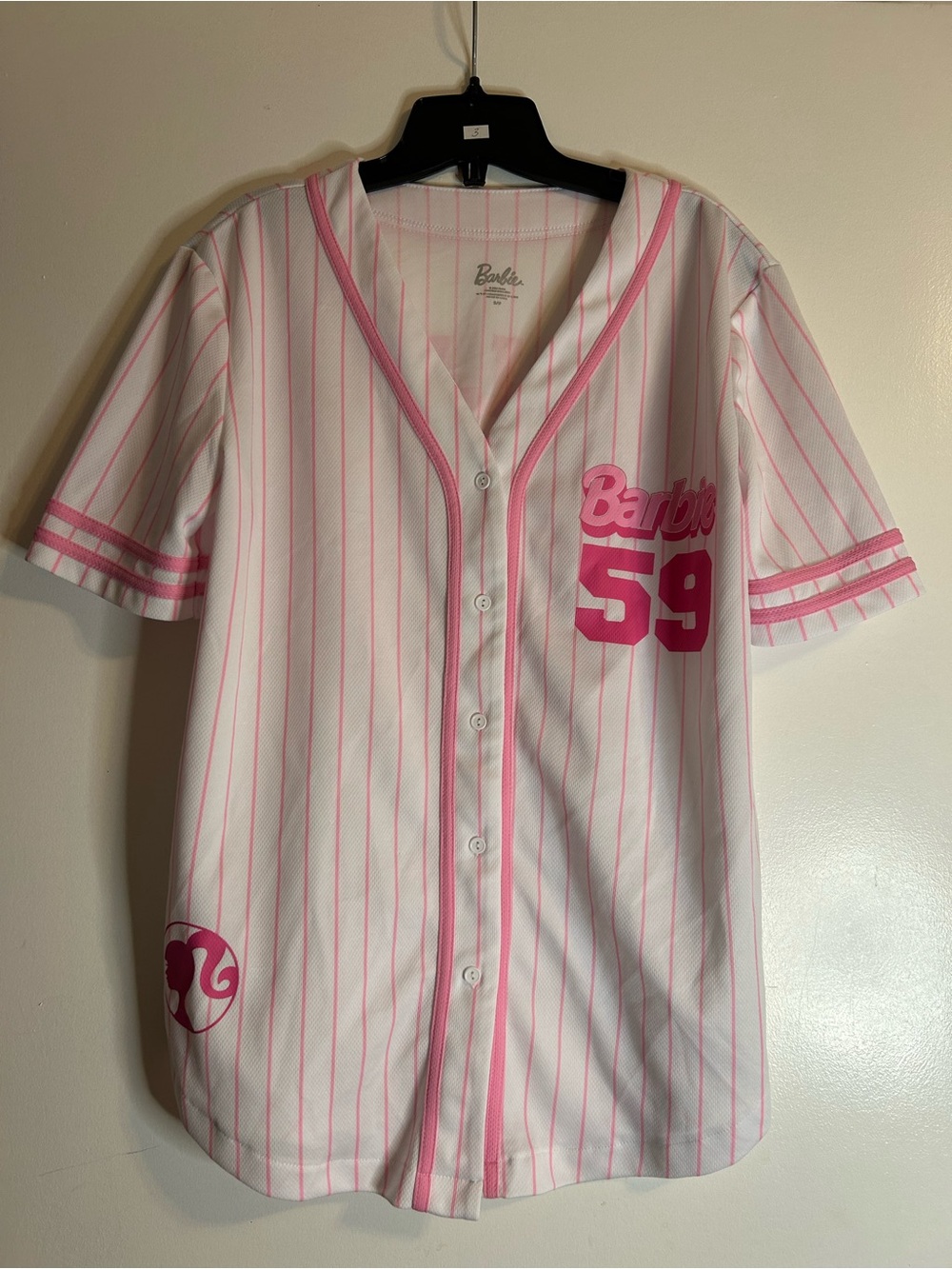 Barbie #59 Pink & White Pinstripe Button-Front Jersey Barbiecore Women’s Size M